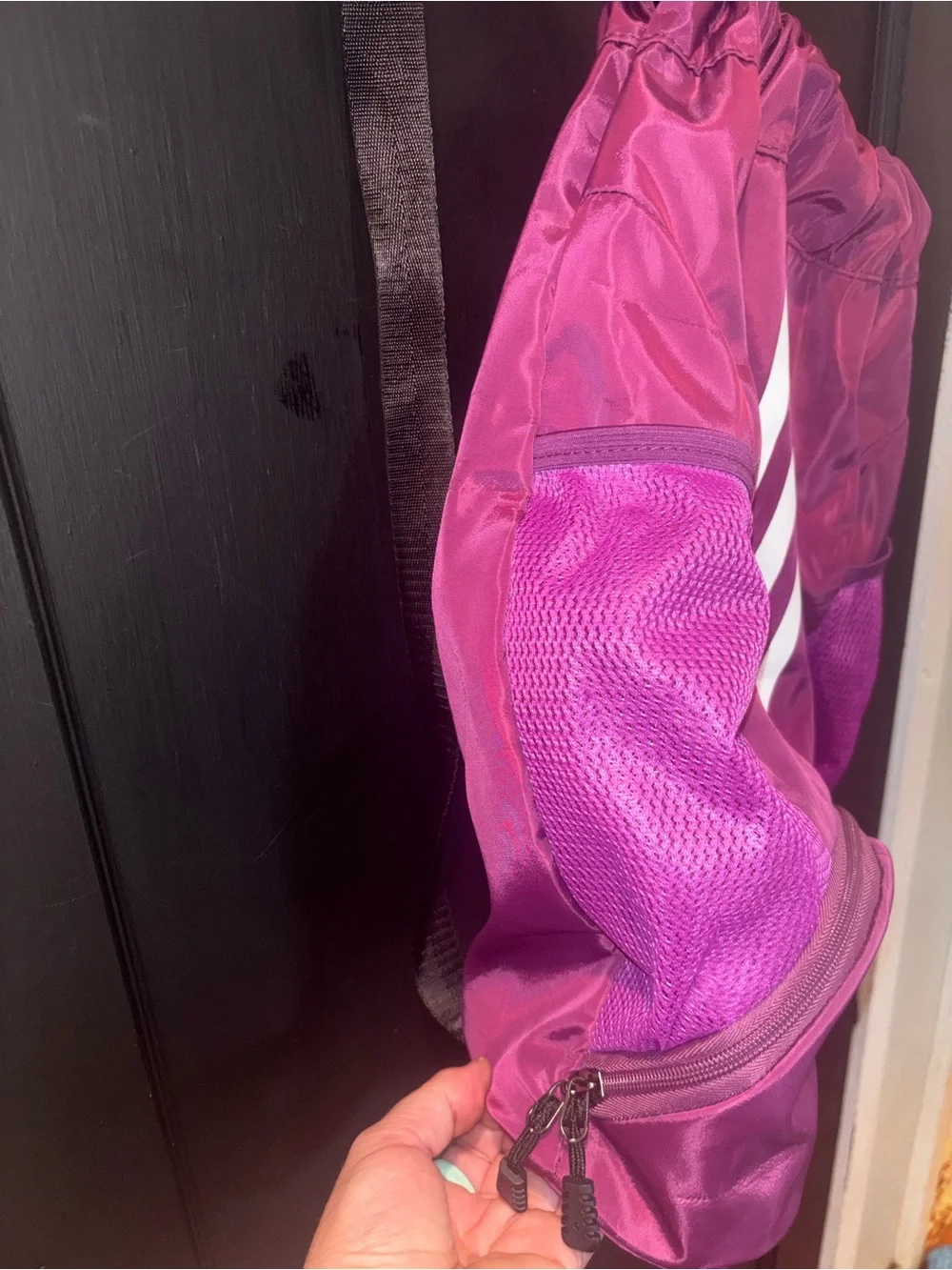 Adidas Purple 3-Stripes Drawstring Sackpack Gym Bag Mesh Pockets - Picture 4 of 7